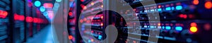 Rackmounted servers, network cables, glowing lights, server room, broadcasting