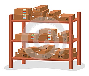 Racks with boxes isolated. Cardboard containers stand on wooden shelves, storage equipment