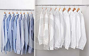 Racks with clean clothes after dry-cleaning