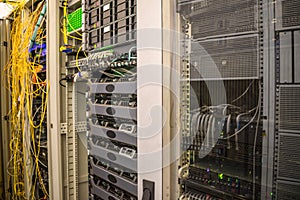 Racks with Internet communication equipment are in the data center server room. Hosting platform Internet provider. Concept of