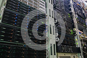 Racks with powerful servers are in the data center. The computer equipment of the Internet provider is in the server room. Hosting