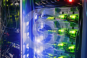 Racks with server equipment are in the dark room of the data center. Colorful indication of the network interests of the Internet