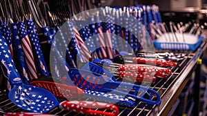Racks of shiny new grilling tools including spatulas tongs and brushes all sporting patriotic designs and colors photo