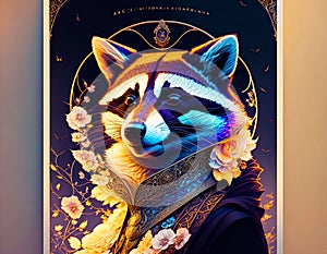 Racoon Art Nouveau Poster, black background, ultra detailed, futuristic outfit in a dignified pose, AI Generated