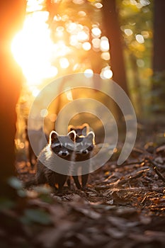 Racoon dog family in the forest with setting sun shining.