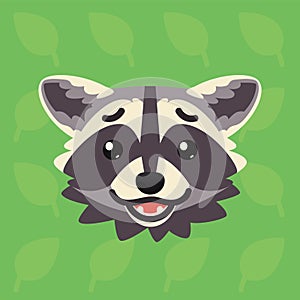 Racoon emotional head. Vector illustration of cute coon shows confused emotion. Abashed emoji. Smiley icon. Print, chat