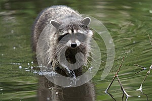 A racoon feeding at lakeside