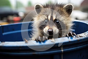 a racoon scavenging in a trash can