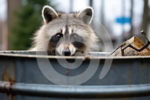 a racoon scavenging in a trash can