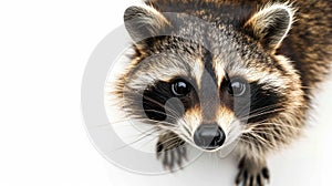 a racoon on white background is looking up