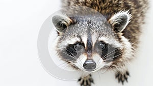 a racoon on white background is looking up