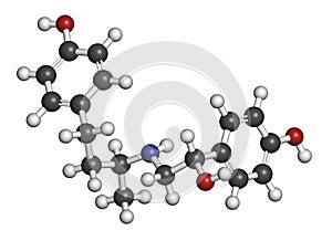 Ractopamine feed additive molecule. 3D rendering. Atoms are represented as spheres with conventional color coding: hydrogen white photo