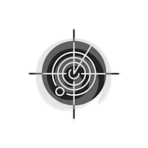 Radar black glyph icon. Marine or military radiolocating search system. Navy sonar. Detection screen. Location tracking. Sign for