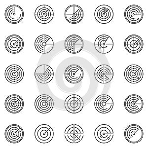 Radar round outline concept vector icons set