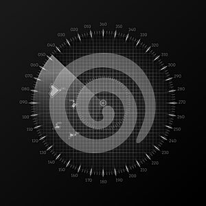 Radar round screen, isolated on black. Vector illustration.