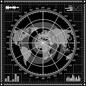 Radar screen. Black and white illustration.