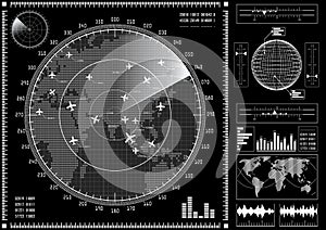 Radar screen with futuristic user interface HUD.