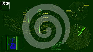 Radar screen with planet, map, targets and futuristic user inter