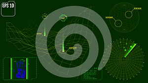 Radar screen with planet, map, targets and futuristic user inter