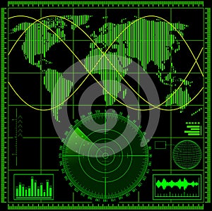 Radar screen with world map