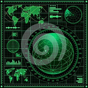 Radar screen with world map