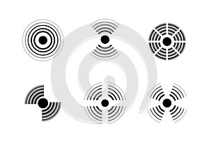 Radar signal icons. Sonic waves. Black and white military signs. Detection technologies symbols set. Dots and concentric