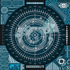 Radar sonar with world map and targets. Futuristic HUD navigation monitor