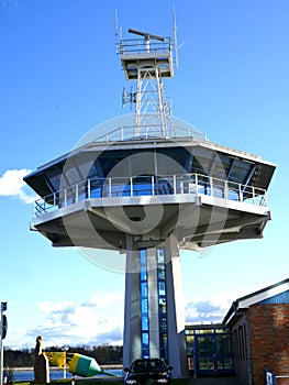 Radar station in the harbor entrance in TravemÃ¼nde, Lubeck, Schleswig-Holstein Germany