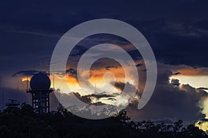 radar tower in the sunset