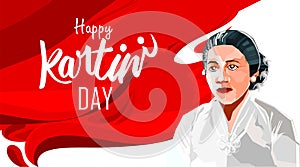 Raden Adjeng Kartini the heroes of women and human right in Indonesia. Pop art flag with red and white color background. - Vector