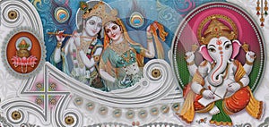 Radha krishna and Ganesha  beautiful wallpaper rendering, illustration wallpaper, wall poster. photo