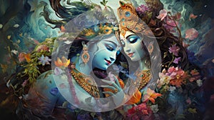 radha Krishna Hindu God with flowers portrait