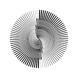 Radial abstract pattern. Black and white ray and beam lines shape. Circle spiral form. Sunburst design element for icon