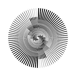 Radial abstract pattern. Black and white ray and beam lines shape. Circle spiral form. Sunburst design element for icon