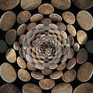 Radial abstract pattern with wood coins