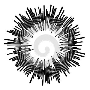 Radial black concentric particles on white background Sound wave Sun ray or star burst element Zoom effect Square fight stamp