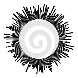 Radial black concentric particles on white background Sound wave Sun ray or star burst element Zoom effect Square fight stamp