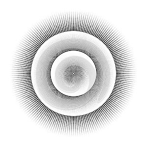 Radial black and white round pattern of dots. Vector Abstract background