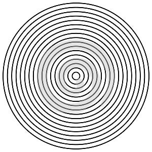 Radial circles design element. Converge circle lines. Repeating, expand circles from center, epicenter. Emission, circulate, loop