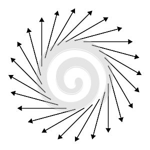 Radial, circular arrows pointing from center. Concentric pointers for extrusion, protrusion themes. Diffuse, dissension, bloat