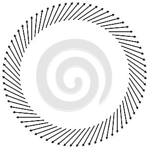 Radial, circular arrows pointing from center. Concentric pointers for extrusion, protrusion themes. Diffuse, dissension, bloat