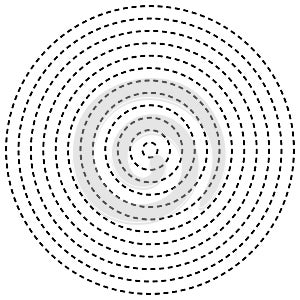 Radial dashed line circles. Circular, concentric element with gap lines. Periodic, infrequent line circles. Orbitting piece, bit