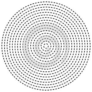 Radial dashed line circles. Circular, concentric element with gap lines. Periodic, infrequent line circles. Orbitting piece, bit