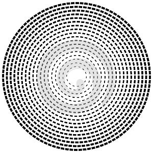 Radial dashed line circles. Circular, concentric element with gap lines. Periodic, infrequent line circles. Orbitting piece, bit