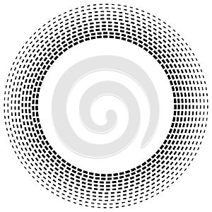 Radial dashed line circles. Circular, concentric element with gap lines. Periodic, infrequent line circles. Orbitting piece, bit