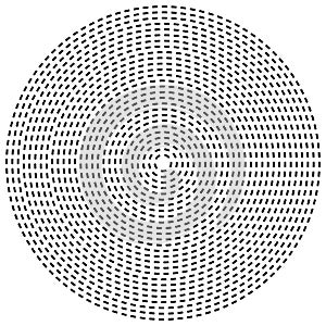 Radial dashed line circles. Circular, concentric element with gap lines. Periodic, infrequent line circles. Orbitting piece, bit photo