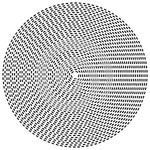 Radial dashed line circles. Circular, concentric element with gap lines. Periodic, infrequent line circles. Orbitting piece, bit photo