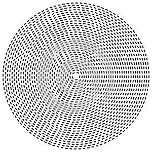 Radial dashed line circles. Circular, concentric element with gap lines. Periodic, infrequent line circles. Orbitting piece, bit photo