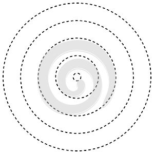 Radial dashed line circles. Circular, concentric element with gap lines. Periodic, infrequent line circles. Orbitting piece, bit photo