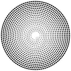 Radial dashed line circles. Circular, concentric element with gap lines. Periodic, infrequent line circles. Orbitting piece, bit photo